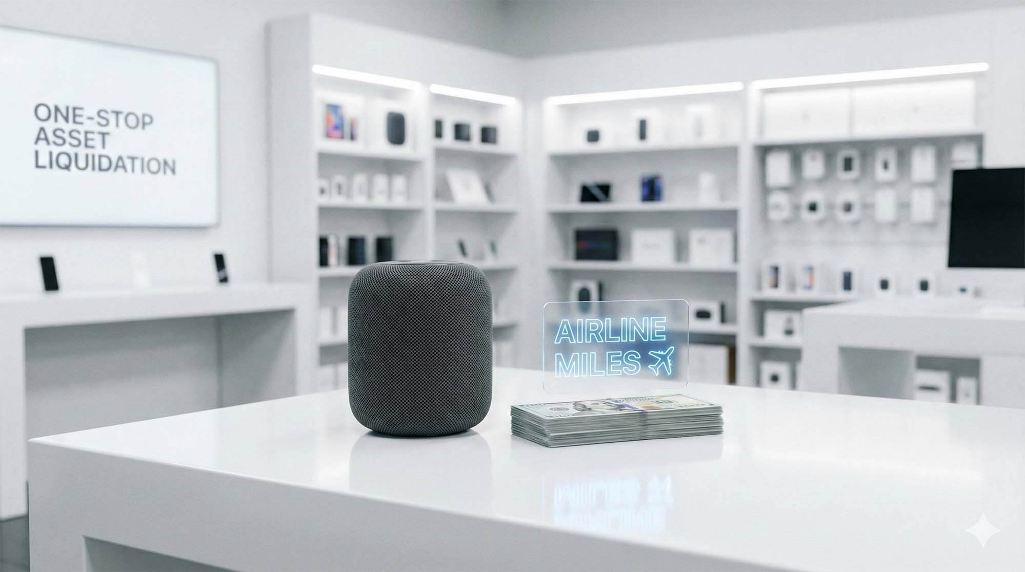 極簡白色的科技店面櫃台上，放著一顆 Apple HomePod 與一疊現金，旁邊是代表航空哩程的數位卡片，象徵一站式高價回收 / Minimalist white tech store counter with an Apple HomePod and a stack of cash, next to a digital card representing airline miles, symbolizing one-stop high-price buyback.